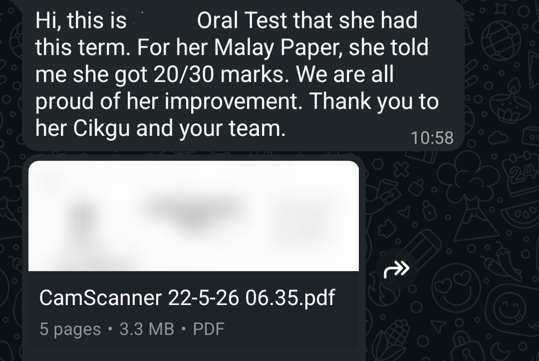 WhatsApp message: Proud of Her Improvement