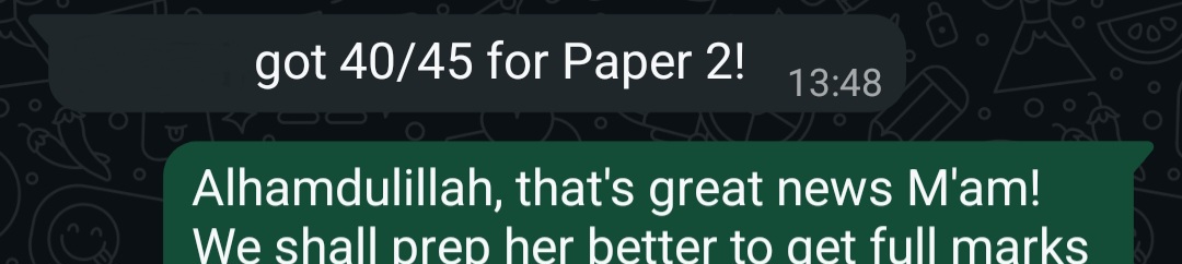 WhatsApp message: 40/45 for Paper 2
